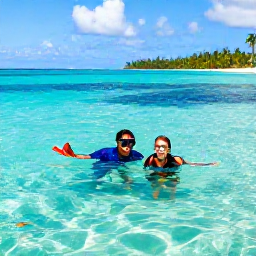 Caribbean Holidays, August Family Holidays, Family snorkelling in clear Caribbean water near Tobago, colourful fish, gentle waves and a tropical coastline in the background
