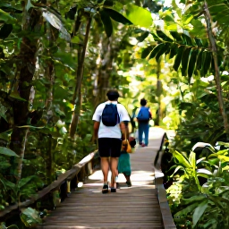 Caribbean Holidays, August Family Holidays, Family walking through the Main Ridge Forest Reserve in Tobago, lush rainforest, wooden trail and shafts of sunlight through the leaves