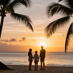 Caribbean Holidays, August Family Holidays, Happy family watching the sunset from a Tobago beach, warm golden light, calm Caribbean sea and silhouettes of palm trees