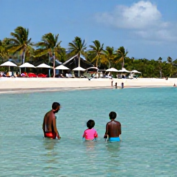 Caribbean Holidays, August Family Holidays, Parents and children swimming safely in shallow clear water at a sheltered Caribbean beach, with sun umbrellas and palm trees