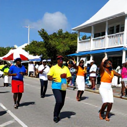 Caribbean Holidays, August Festivals, Colourful cultural festival parade in Road Town, Tortola, British Virgin Islands, with musicians, dancers and visitors enjoying the August celebrations