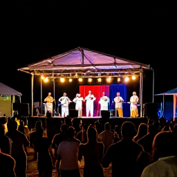 Caribbean Holidays, August Festivals, Outdoor cultural concert at night in the British Virgin Islands, with a stage, Caribbean musicians, dancing crowds and warm island lights