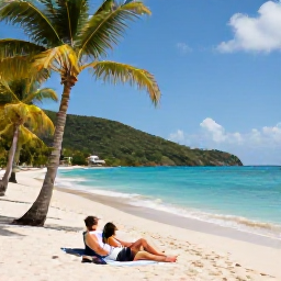 Caribbean Holidays, August Festivals, Sunny August afternoon at a beautiful British Virgin Islands beach with turquoise water, green hills and a couple relaxing beneath palm trees