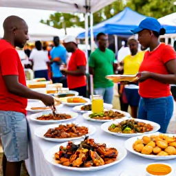 Caribbean Holidays, August Festivals, Traditional British Virgin Islands festival food including grilled seafood, fritters and local Caribbean dishes served at a lively outdoor event