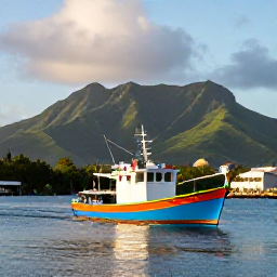 Caribbean Holidays, August Fishing, A colourful fishing boat leaving a calm Caribbean harbour at sunrise, with Saint Vincent&rsquo;s green mountains in the background