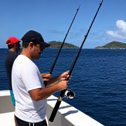 Caribbean Holidays, August Fishing, A deep-sea sport fishing boat offshore from the US Virgin Islands with anglers preparing rods, rolling blue water and distant tropical islands