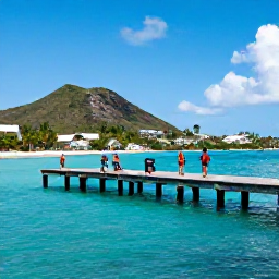 Caribbean Holidays, August Fishing, A family fishing from a quiet pier beside turquoise water on Saint Martin, with tropical hills and a sandy beach in the background