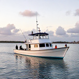 Caribbean Holidays, August Fishing, A fishing boat leaving a tropical Trinidad and Tobago harbour at dawn, calm Caribbean water, experienced local crew, realistic travel photography
