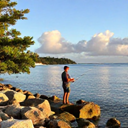 Caribbean Holidays, August Fishing, A local angler casting from a quiet rocky shoreline on St Croix in the United States Virgin Islands, tropical vegetation, clear water and golden afternoon light