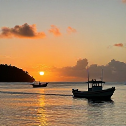 Caribbean Holidays, August Fishing, A peaceful tropical coastline in Saint Vincent and the Grenadines at sunset, with fishing boats and calm Caribbean water