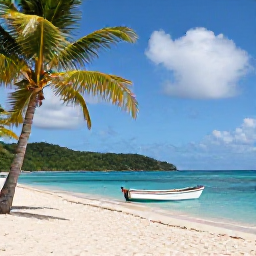 Caribbean Holidays, August Fishing, A relaxed Caribbean beach scene after a fishing trip, with a small boat offshore, palm trees and the green coastline of Saint Vincent