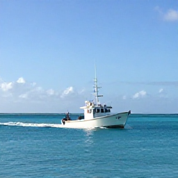 Caribbean Holidays, August Fishing, A small fishing boat cruising across calm turquoise waters near Providenciales in the Turks and Caicos Islands on a bright August morning