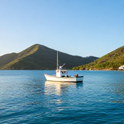 Caribbean Holidays, August Fishing, A small fishing boat leaving a bright Caribbean harbour in the United States Virgin Islands at sunrise, calm turquoise water and green hills in the background
