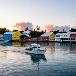 Caribbean Holidays, August Fishing, A small fishing boat leaving the marina at sunrise in Saint Martin and Sint Maarten, calm Caribbean water and colourful coastal buildings