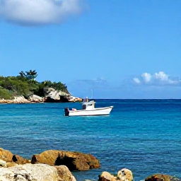 Caribbean Holidays, August Fishing, A small fishing boat on clear blue Caribbean water near Saint Barth&eacute;lemy in August, with rugged coastline and bright summer skies