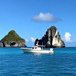 Caribbean Holidays, August Fishing, A small sport-fishing boat cruising between the British Virgin Islands, with dramatic rocky islets, clear blue sea and a blue sky