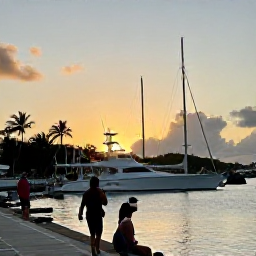 Caribbean Holidays, August Fishing, A welcoming Caribbean marina at sunset in the United States Virgin Islands, fishing boats, palm trees and travellers enjoying a relaxed holiday atmosphere