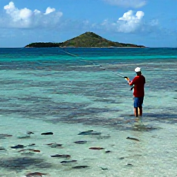 Caribbean Holidays, August Fishing, Angler casting beside a clear shallow reef near Tortola in the British Virgin Islands, colourful fish visible beneath the water and tropical islands beyond