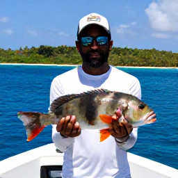 Caribbean Holidays, August Fishing, Angler holding a colourful reef fish beside a small charter boat off Tobago, clear blue Caribbean water and green coastline in the background