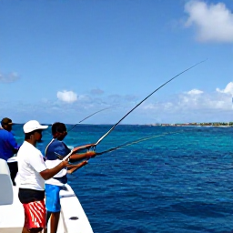 Caribbean Holidays, August Fishing, Anglers casting lines from a charter boat over clear deep-blue Caribbean water, with Providenciales visible in the distance