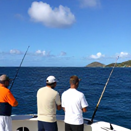 Caribbean Holidays, August Fishing, Anglers fishing from a charter boat offshore from Saint Barth&eacute;lemy, with blue water, fishing rods and distant Caribbean islands