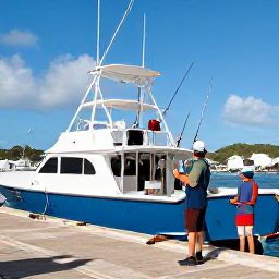 Caribbean Holidays, August Fishing, Friendly fishing crew preparing rods and tackle on a modern boat in a Saint Barth&eacute;lemy harbour