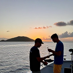 Caribbean Holidays, August Fishing, Friendly fishing guide helping visitors prepare tackle on a British Virgin Islands boat at sunset, with calm sea and island silhouettes