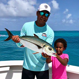 Caribbean Holidays, August Fishing, Friendly local fishing guide helping a family land a colourful fish aboard a comfortable boat in Turks and Caicos