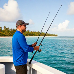Caribbean Holidays, August Fishing, Friendly local fishing guide preparing rods and reels on a charter boat in Tobago, bright tropical morning and scenic coastline