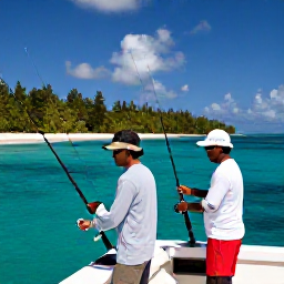 Caribbean Holidays, August Fishing, Friendly local fishing guides preparing rods and tackle on a boat beside a tropical island in the Grenadines