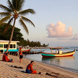 Caribbean Holidays, August Fishing, Travellers relaxing beside a small fishing harbour in Tobago after a boat trip, colourful boats, palms and warm evening light