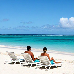 Caribbean Holidays, August Getaway, Couple relaxing on a quiet Caribbean beach in August on Saint Martin, turquoise water, white sand and shaded sun loungers