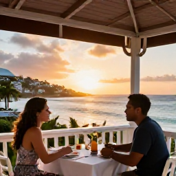 Caribbean Holidays, August Getaway, Outdoor restaurant in Grand Case, Saint Martin, serving Caribbean and French food at sunset with couples dining
