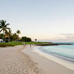 Caribbean Holidays, August Golf Holidays, A calm Barbados beach near a golf resort, with white sand, turquoise sea and palm trees after a warm afternoon