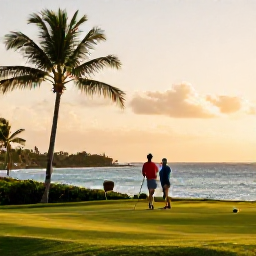 Caribbean Holidays, August Golf Holidays, A couple relaxing beside a Caribbean beach in Trinidad and Tobago after a day of golf, with palm trees, calm turquoise water and a golden evening sky