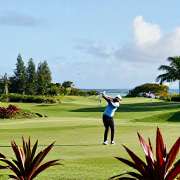 Caribbean Holidays, August Golf Holidays, A golfer enjoying a morning round on a lush Barbados course, with tropical plants and distant Caribbean scenery