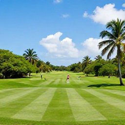 Caribbean Holidays, August Golf Holidays, A lush Caribbean golf course in Trinidad and Tobago during August, with palm trees, tropical greenery and golfers enjoying a sunny round
