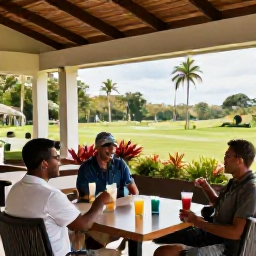 Caribbean Holidays, August Golf Holidays, A relaxed Caribbean clubhouse terrace after golf, with players enjoying cool drinks, tropical plants and views across a Trinidad landscape