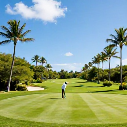 Caribbean Holidays, August Golf Holidays, A sunny Barbados golf course beside tropical greenery and swaying palms, with a golfer preparing to tee off