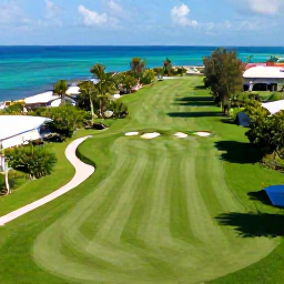 Caribbean Holidays, August Golf Holidays, Aerial view of Grand Cayman&rsquo;s green golf course beside turquoise Caribbean sea in bright August sunshine