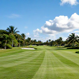 Caribbean Holidays, August Golf Holidays, An attractive Barbados golf resort course with manicured fairways, palm trees and blue sky in August sunshine