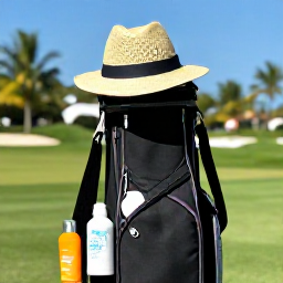 Caribbean Holidays, August Golf Holidays, Caribbean golf holiday essentials arranged beside a golf bag, including hat, water bottle and sunscreen