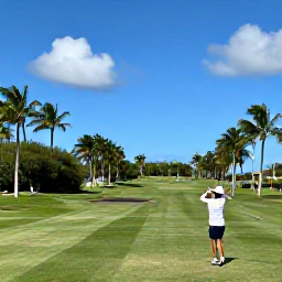 Caribbean Holidays, August Golf Holidays, Golfer teeing off on a manicured Cayman Islands course with palm trees and blue sky