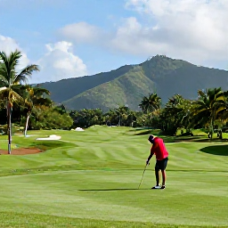 Caribbean Holidays, August Golf Holidays, Golfers playing on a scenic Trinidad golf course, with rolling fairways, tropical trees and distant green hills under a bright Caribbean sky