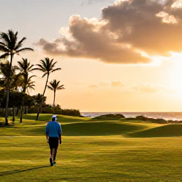 Caribbean Holidays, August Golf Holidays, Relaxed golfer walking from a Cayman golf course towards a palm-fringed beach at sunset