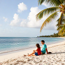 Caribbean Holidays, August Holidays, A happy family relaxing on a sunny Caribbean beach in August, calm turquoise sea, soft white sand, palm trees and gentle sunshine