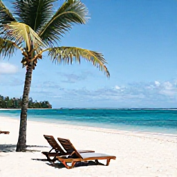 Caribbean Holidays, August Holidays, A quiet sandy beach in Tobago with turquoise water, palm trees and two sun loungers, photographed in August