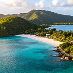 Caribbean Holidays, August Holidays, Aerial view of turquoise Caribbean water, green British Virgin Islands and a quiet white sand beach in warm August sunshine