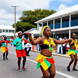 Caribbean Holidays, August Holidays, Colourful Culturama street parade in Nevis with dancers, musicians and spectators in bright Caribbean clothing