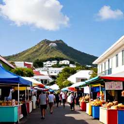 Caribbean Holidays, August Holidays, Colourful market street in Marigot, Saint Martin, with local food stalls, hillside views and Caribbean sunshine